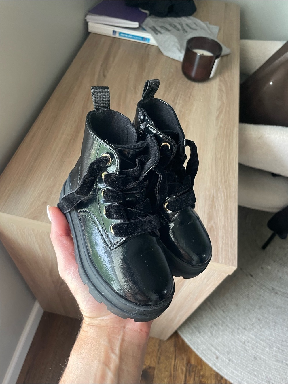 Black Patent Leather Lace-up Booties